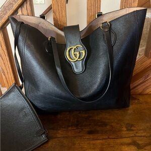 Gucci Black Leather Tote with Gold Double G Closure and Dual Straps